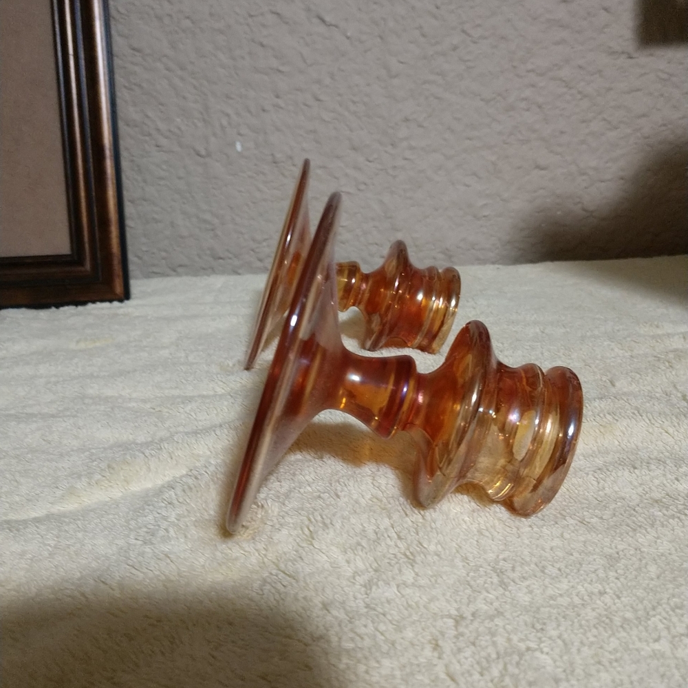 SOLD Vintage Depression Glass Amber Candlestick holders set of 2 - Picture 4 of 8